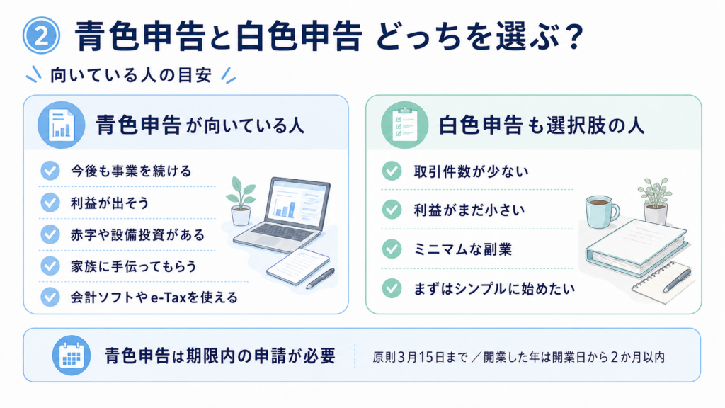 青色申告と白色申告のどちらが向いているかを、事業規模や利益、設備投資の有無で整理した図解