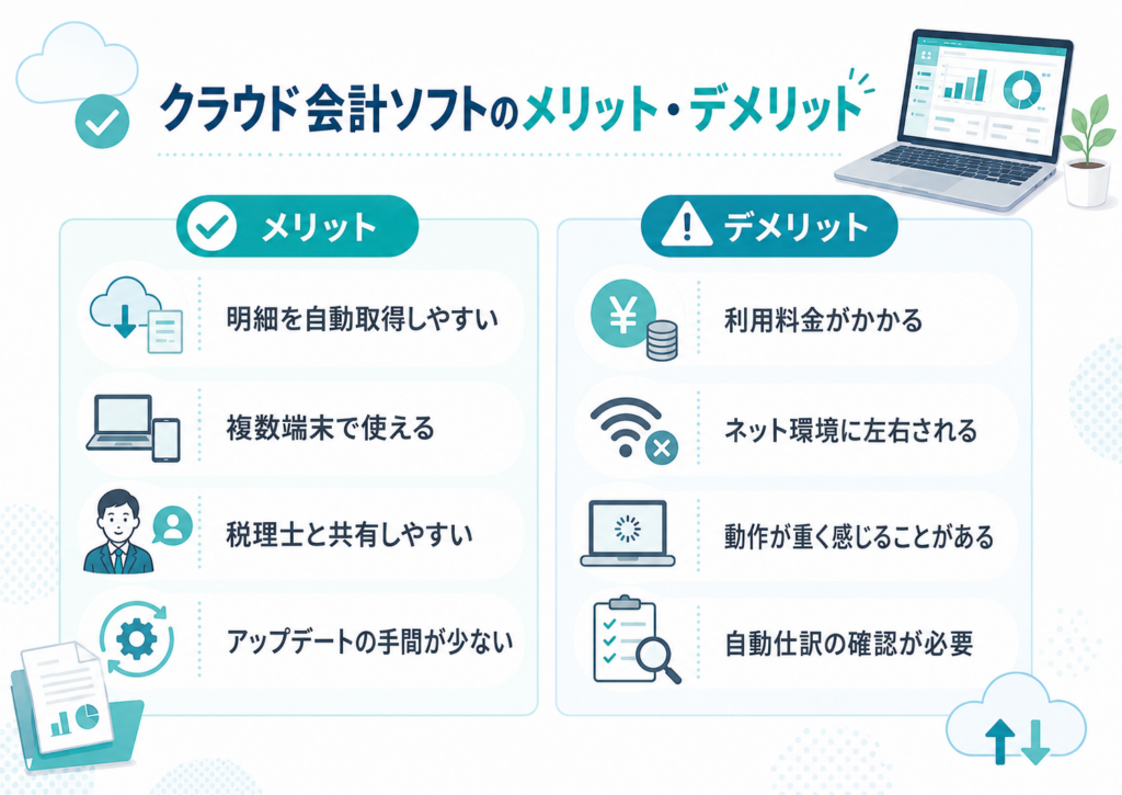 クラウド会計ソフトのメリットとデメリットを、明細の自動取得、複数端末利用、税理士との共有、利用料金、動作の重さ、自動仕訳の確認で比較した図解