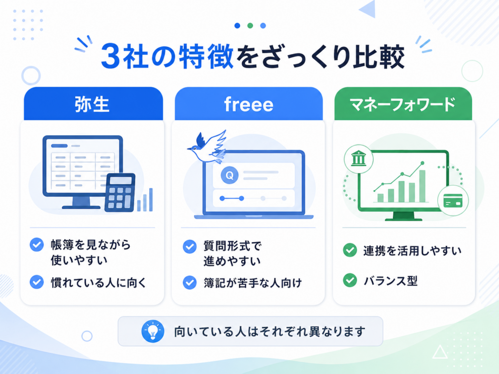 弥生・freee・マネーフォワードの特徴と向いている人を比較した図