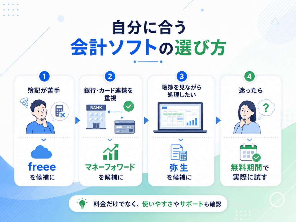 簿記知識や連携の重視度から、自分に合う会計ソフトを選ぶ流れを示した図