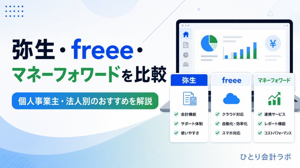 弥生・freee・マネーフォワードの3つの会計ソフトを、個人事業主・法人向けに比較したイメージ画像