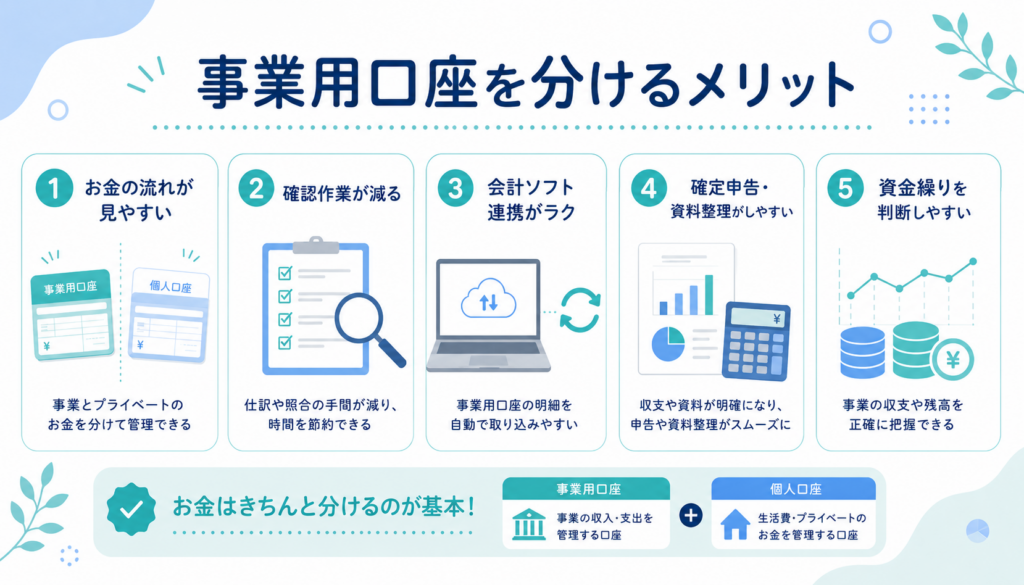 事業用口座を分ける5つのメリットをまとめた図解