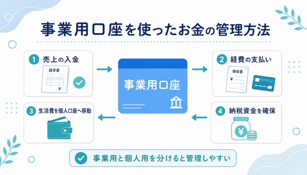 事業用口座を中心に売上・経費・生活費・納税資金の流れを示した図解