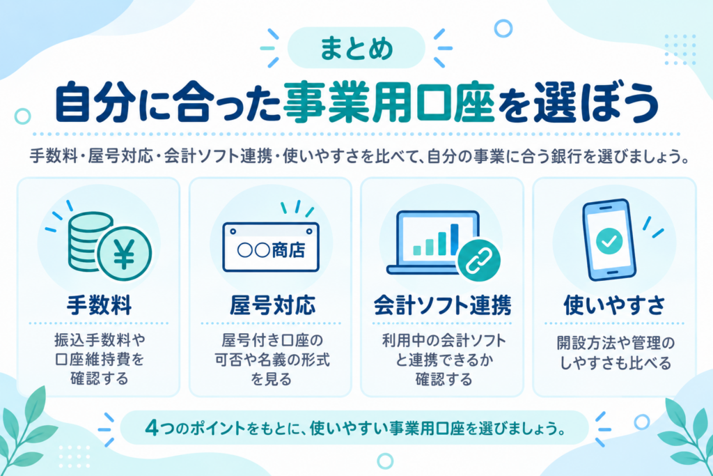 個人事業主が事業用口座を選ぶポイントとして、手数料・屋号対応・会計ソフト連携・使いやすさをまとめた図解画像