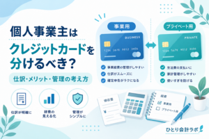 事業用カードとプライベート用カードを分ける考え方を、2枚のクレジットカードと仕訳・経費管理のポイントで示したアイキャッチ画像