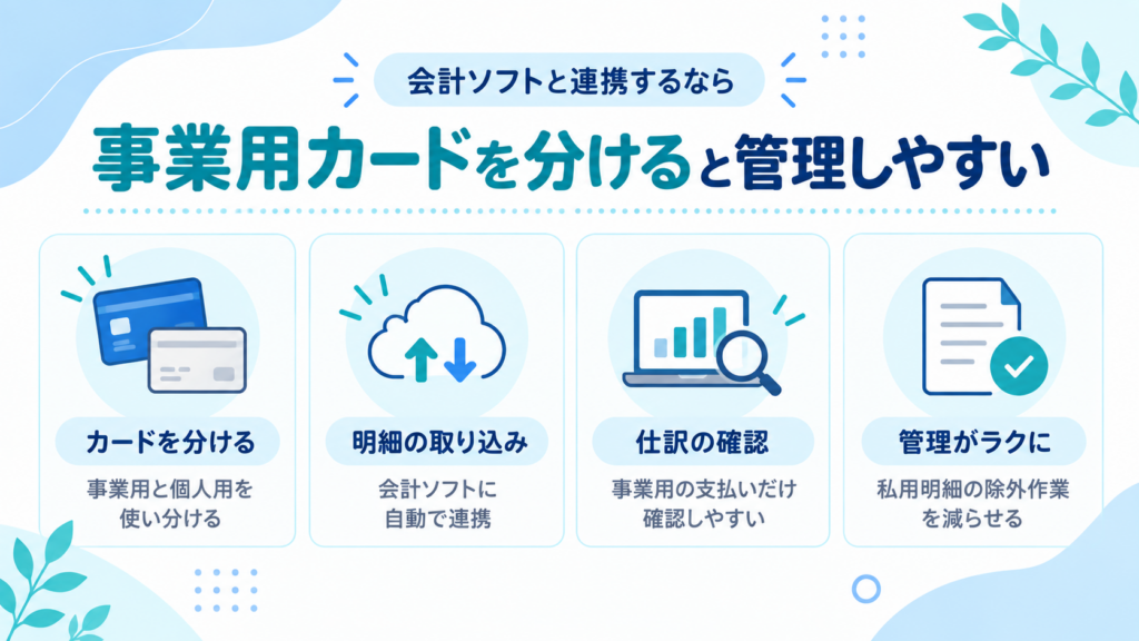 事業用カードと個人用カードを分けて会計ソフトに連携すると、明細の取り込み・仕訳・確認がしやすくなることを示した図