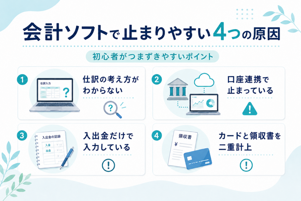 会計ソフト初心者がつまずきやすい、仕訳・口座連携・入出金基準・カードと領収書の二重計上の4つの原因をまとめた図解