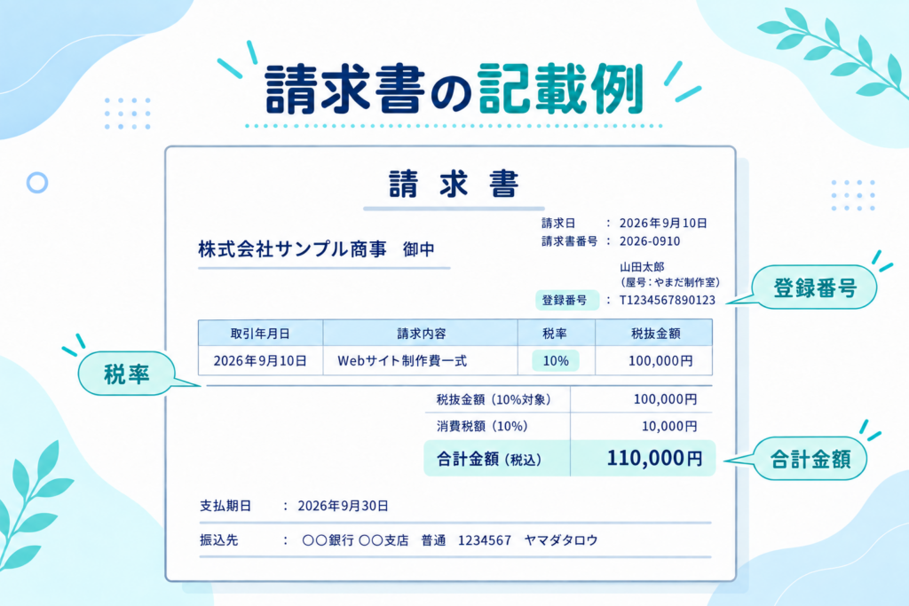 個人事業主向けの請求書の記載例を、登録番号・税率・合計金額などのポイント付きで分かりやすく示した図解画像