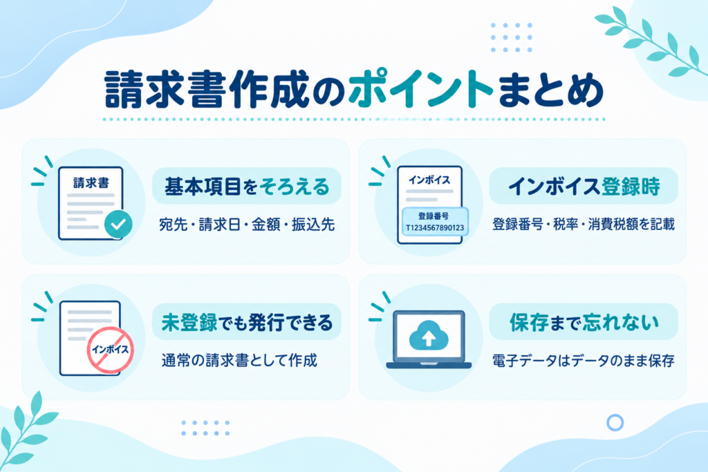 請求書作成のポイントとして、基本項目・インボイス登録時の記載・未登録時の対応・電子データ保存をまとめた図解画像
