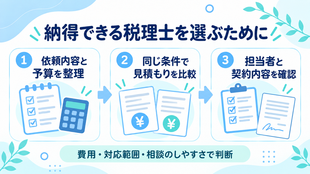 依頼内容を整理し、見積もりを比較して、面談・契約内容を確認する流れを示した図
