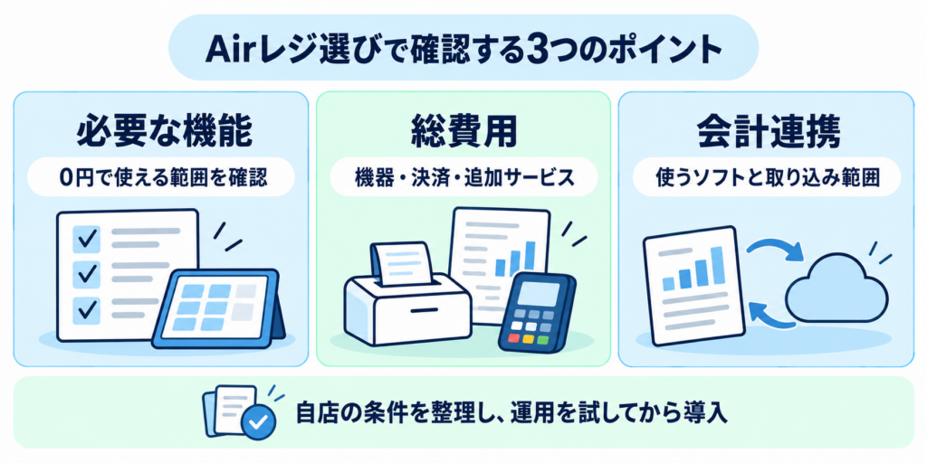 Airレジ選びで確認する、0円で使える機能の範囲、機器・決済・追加サービスを含む総費用、会計ソフトとの連携範囲の3つのポイント。