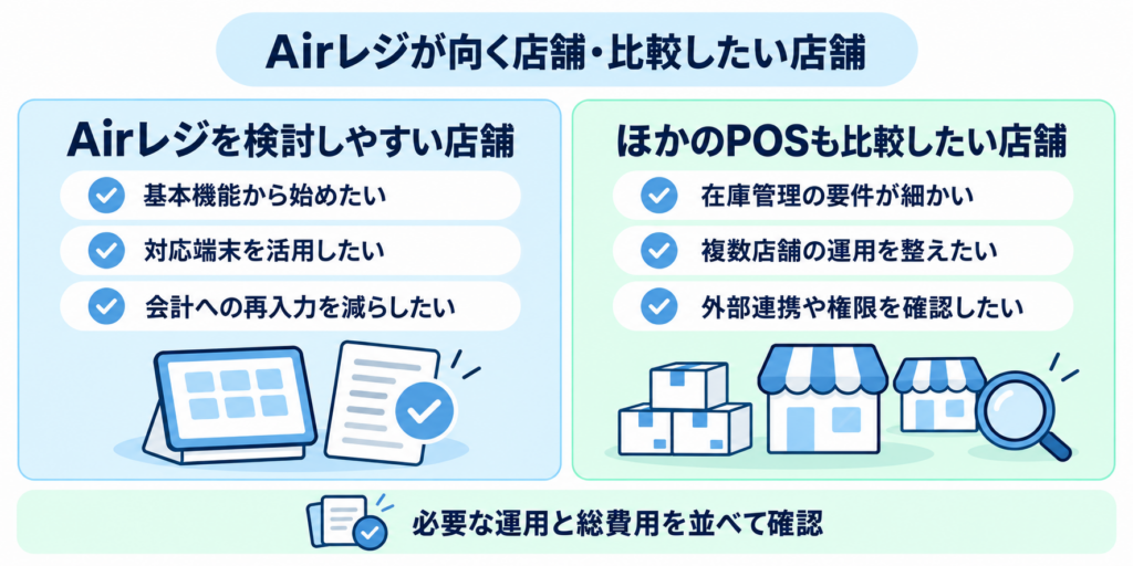 基本機能や対応端末、会計連携を活用したい店舗と、在庫管理・複数店舗・外部連携などの要件からほかのPOSレジも比較したい店舗を整理した図。